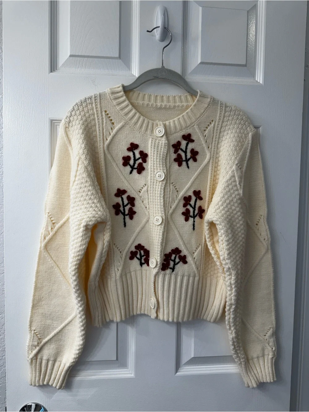 Handmade Cream Chunky Knit Button-Front Sweater with Burgundy Floral Embroidery
